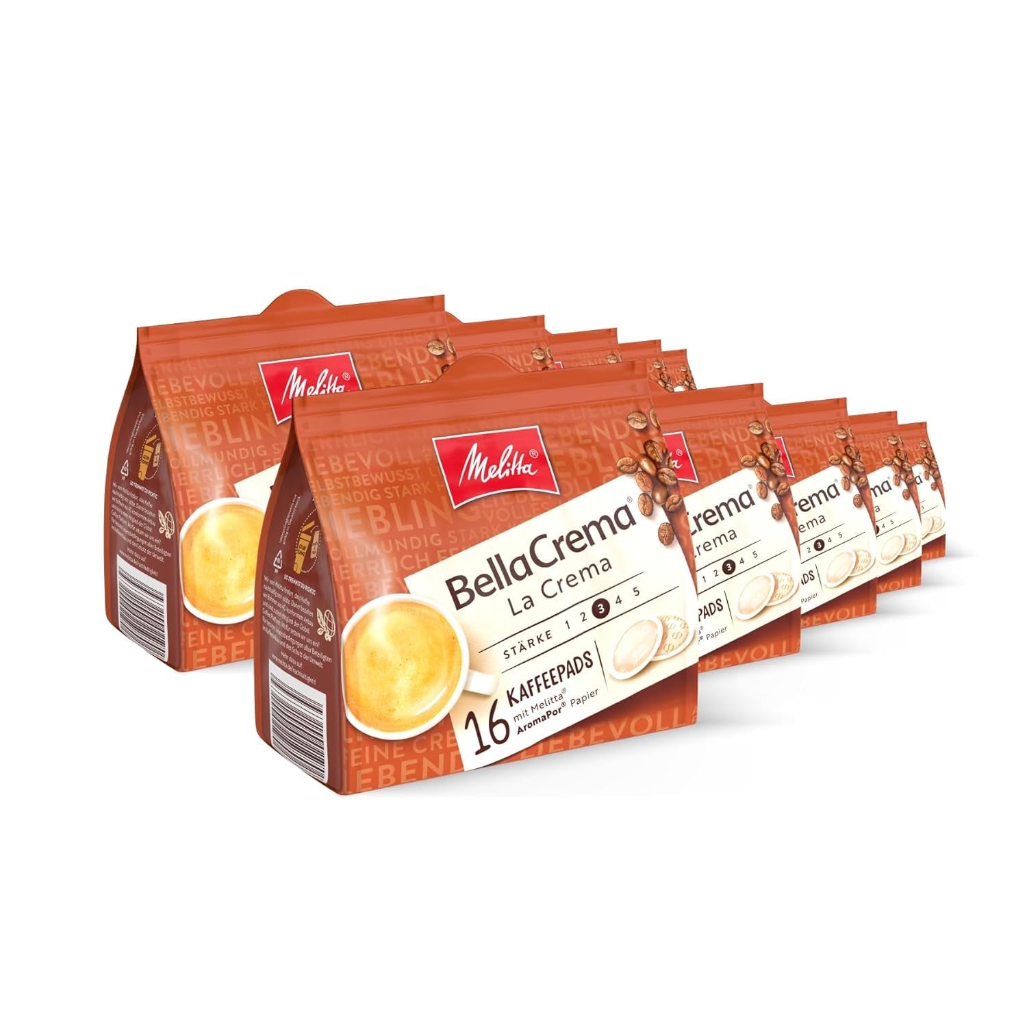 Melitta BellaCrema La Crema gemahlener Röstkaffee in Kaffee-Pads 10 x 16 saszetek, Kaffeepads für Pad-Machine, medium Röstung, geröstet in Deutschland, Stärke 3, im Tray