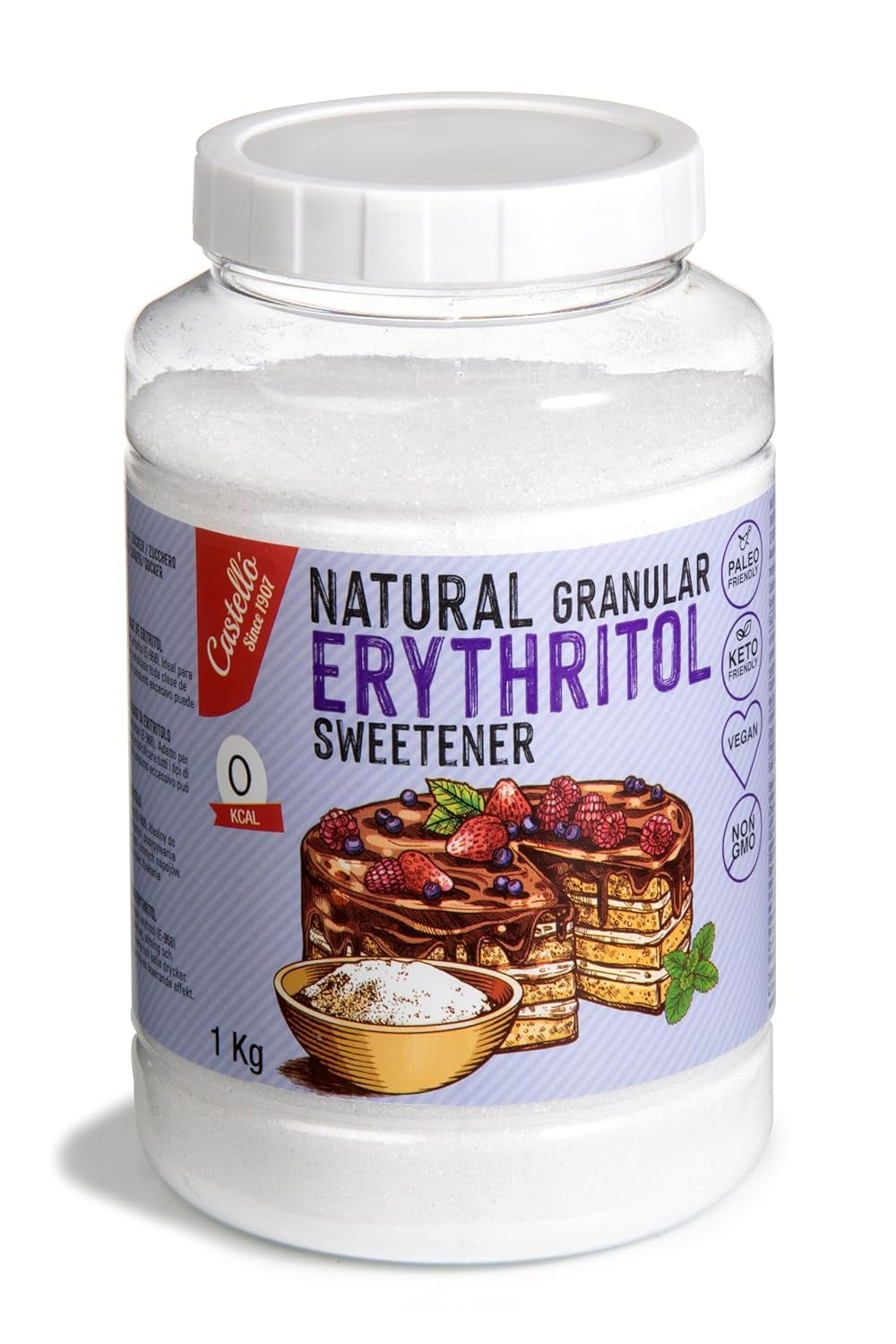 Natürliches Erythrit - Kristallzucker | 10G = 7G Zucker | Natürlicher Zuckerersatz - 0 Kalorien - 0 Glykämischer Index - Keto Und Paleo - 0 Netto-Kohlenhydrat - Kein GVO - Castello od 1907-1Kg Słodziki Naty Shop 1 Kg (opakowanie 1Er)