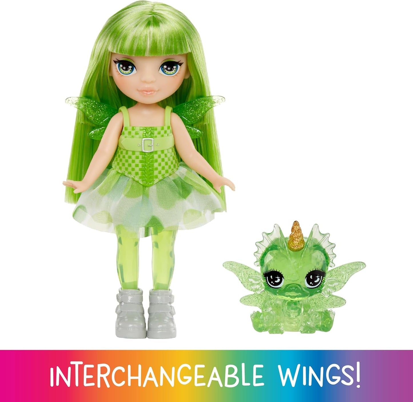 Rainbow High Littles Rainbow Fantasy Fairy and Pet - szmaragdowy, zielony - 14 cm przegubowa mała lalka fantasy smok z wymiennymi skrzydłami wróżki, słodki prezent dla dzieci w wieku 4 lat i starszych