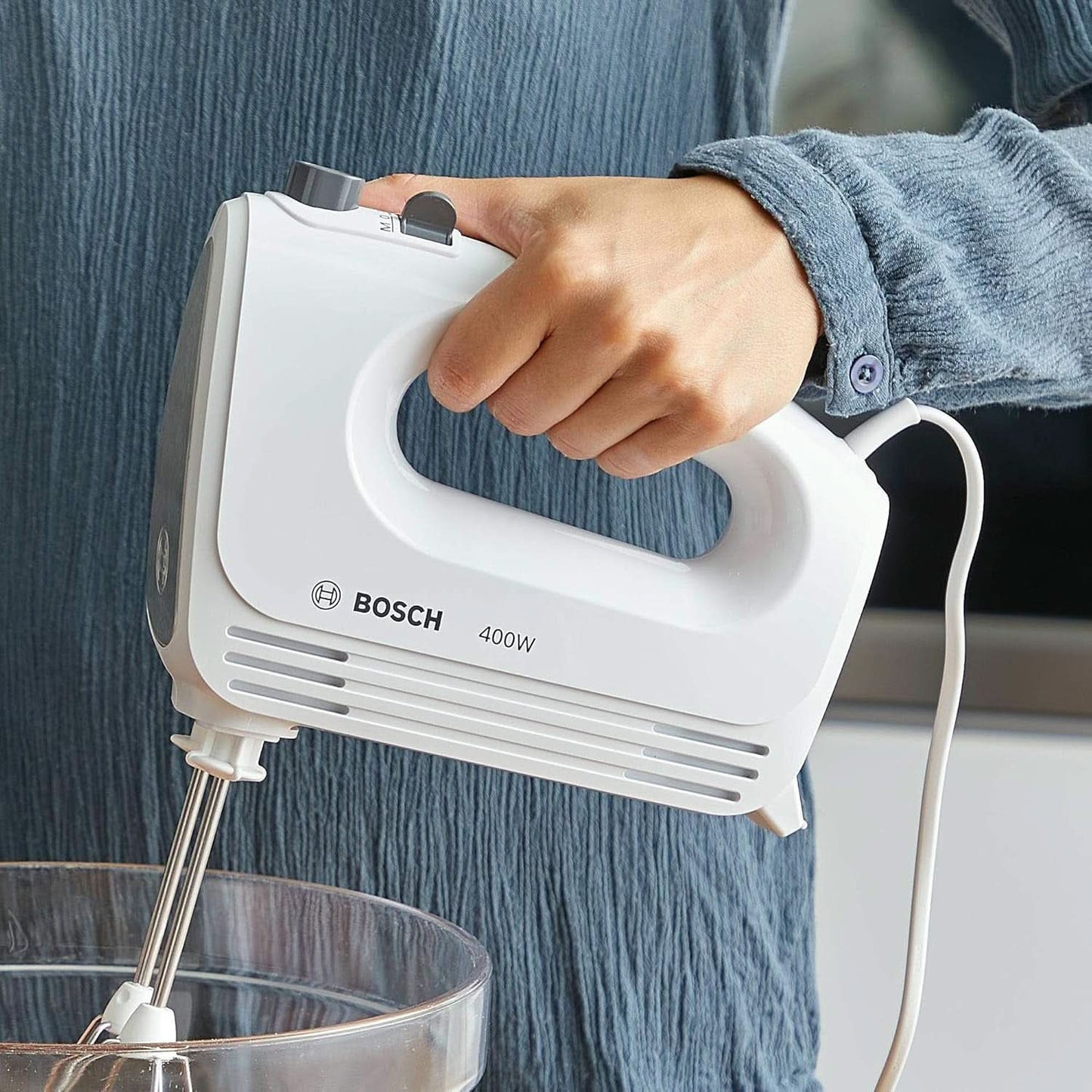 Bosch Hausgeräte Handrührer Clevermixx MFQ24200, 2 Rührbesen, 2 Spülmaschinengeeignet, 4 Stufen, Leicht, Leise, 400 W Weiß/Edelstahl Kitchen Naty Shop