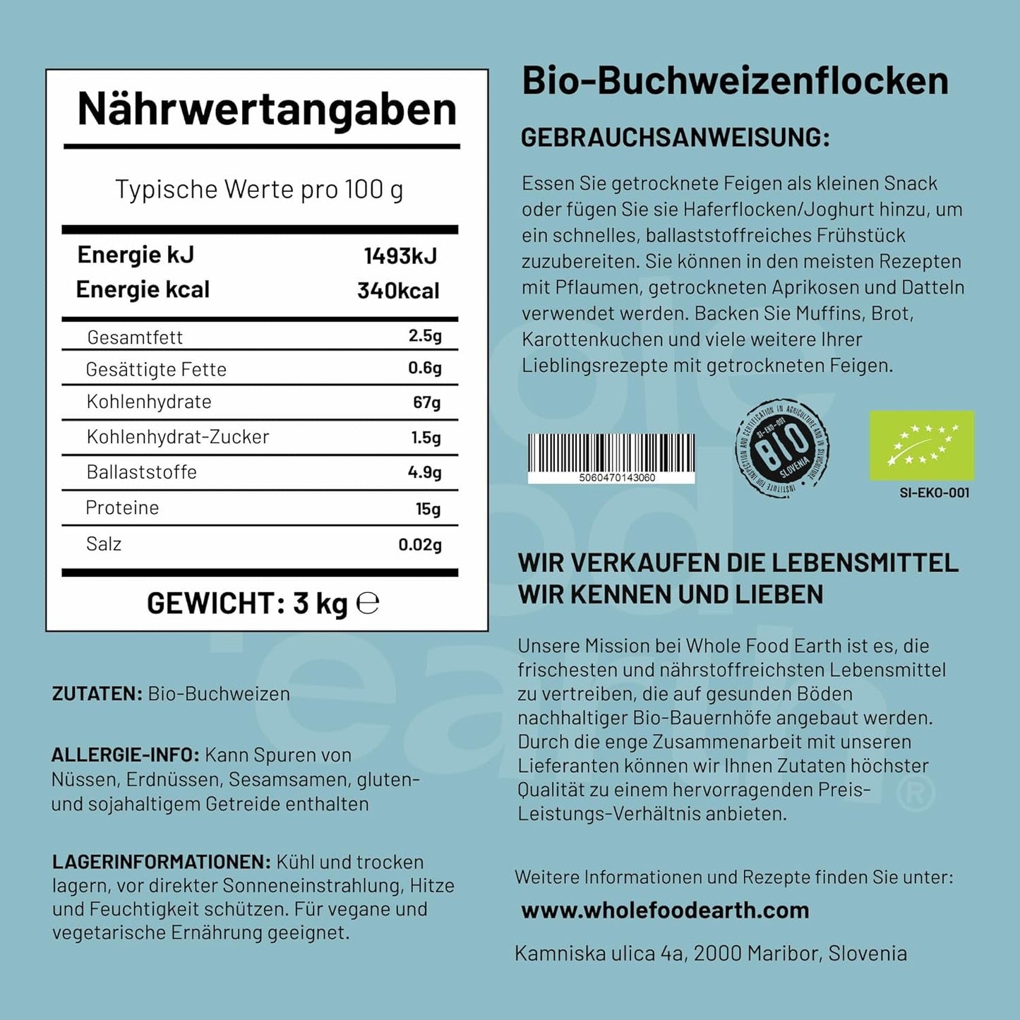 Organiczne płatki gryczane pełnoziarniste ziemskie – 3 kg | Surowy | Bez GMO | wegańskie | Źródło błonnika | Certyfikowane organiczne