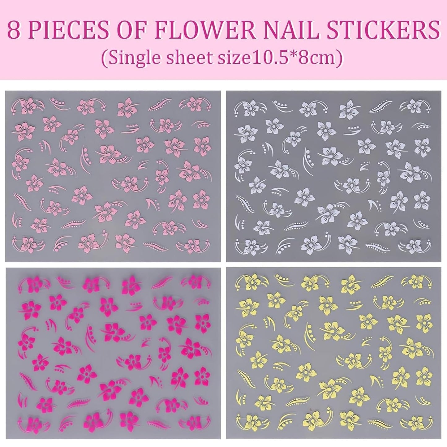 8 Stück Hibiskus Nagelsticker, 3D Selbstklebende Blumen Nagelaufkleber, Weiß Rosa Gelb Magenta Sommer Neonail naklejka, Nail Art Zubehör Nagel Deko für Frauen