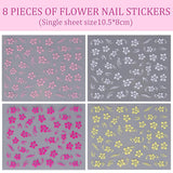 8 Stück Hibiskus Nagelsticker, 3D Selbstklebende Blumen Nagelaufkleber, Weiß Rosa Gelb Magenta Sommer Neonail naklejka, Nail Art Zubehör Nagel Deko für Frauen