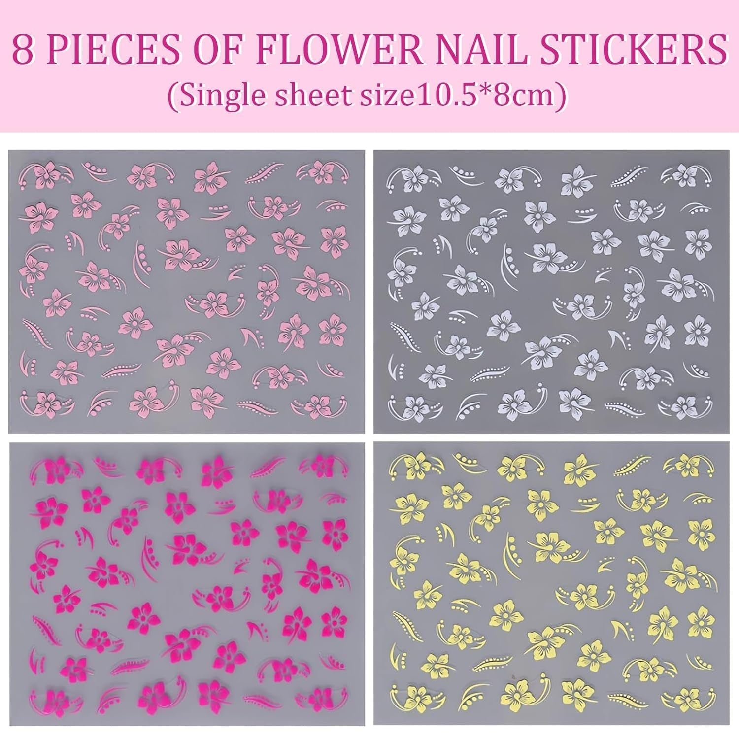 8 Stück Hibiskus Nagelsticker, 3D Selbstklebende Blumen Nagelaufkleber, Weiß Rosa Gelb Magenta Sommer Neonail naklejka, Nail Art Zubehör Nagel Deko für Frauen