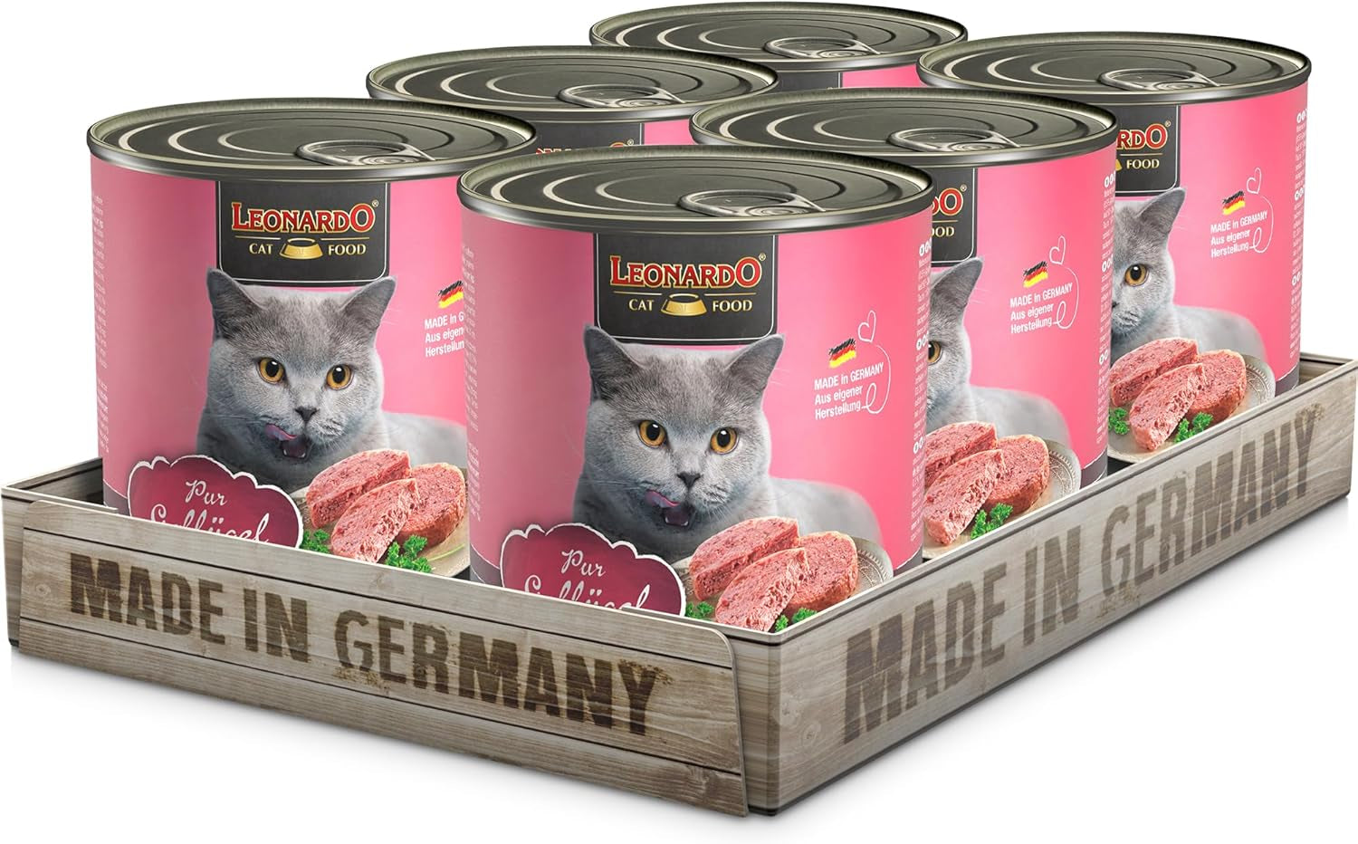 LEONARDO Nassfutter für Katzen, Geflügel pure, 6X 800g Dose, Katzenfutter getreidefrei, Alleinfutter, wyprodukowano w Niemczech