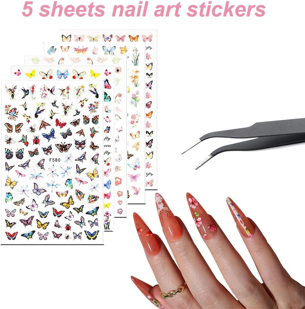 Zestaw naklejek na paznokcie i akcesoriów - 5 naklejek na paznokcie, pędzelek, kamienie, taśma dekoracyjna, złota folia - Idealny do manicure i paznokci żelowych - 50-częściowy zestaw