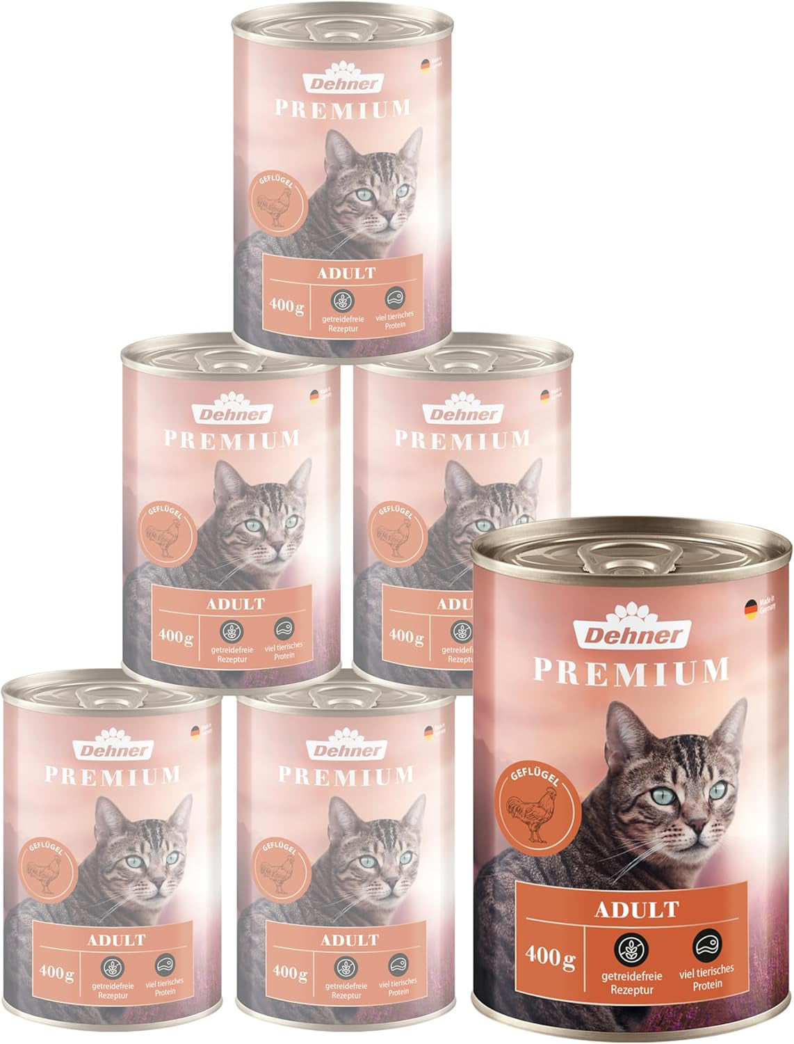 Dehner Premium mokra karma dla kotów, bez zbóż, dla dorosłych kotów, drobiu, 6 puszek 400 g (2,4 kg)