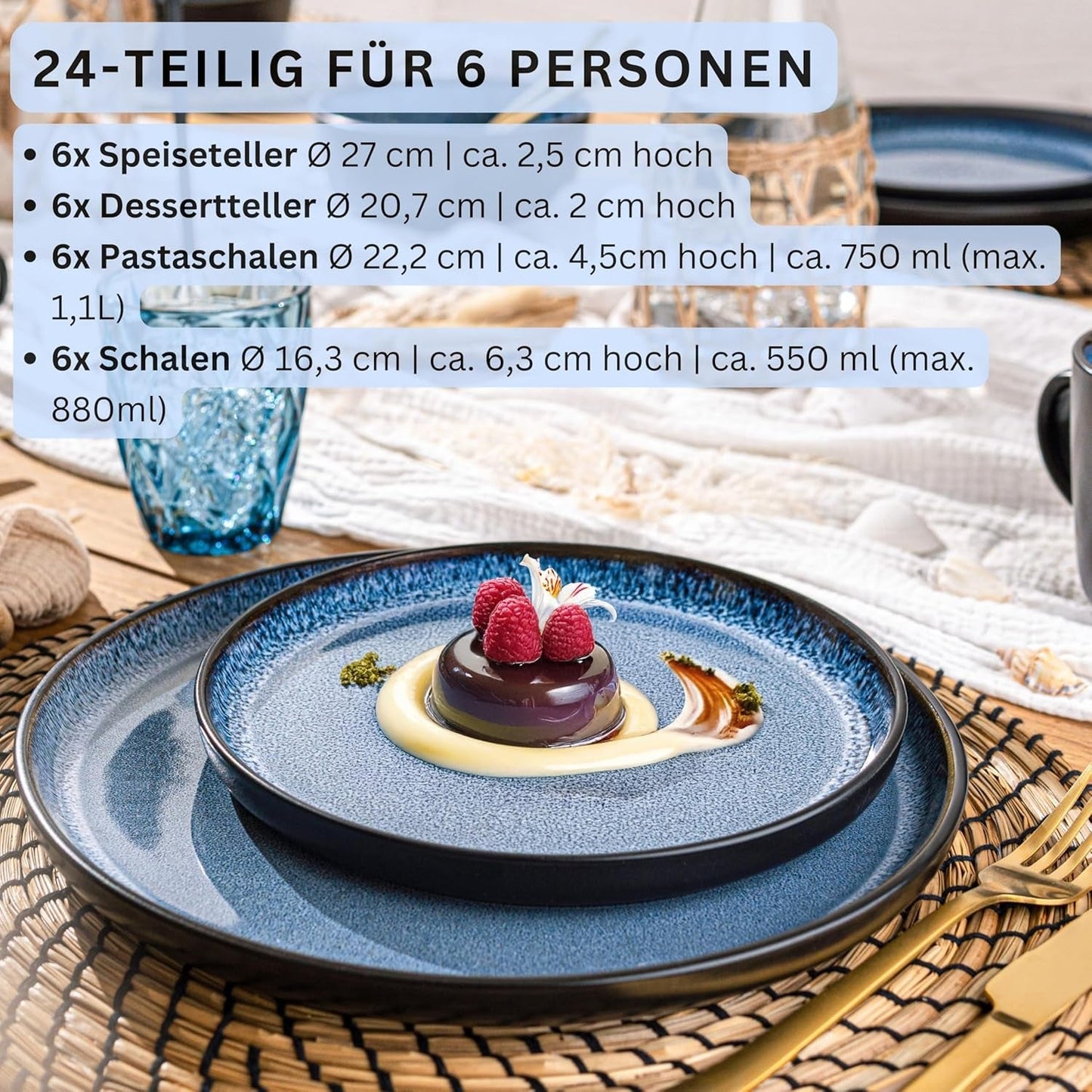 SĘNGER Aruba | Zestaw naczyń obiadowych kamionkowych na 6, 6 talerzy obiadowych, 6 talerzy śniadaniowych, 6 talerzy obiadowych, 6 misek na makaron, niebieski z czarnym brzegiem | KOLEKCJA WARTOŚCIOWA