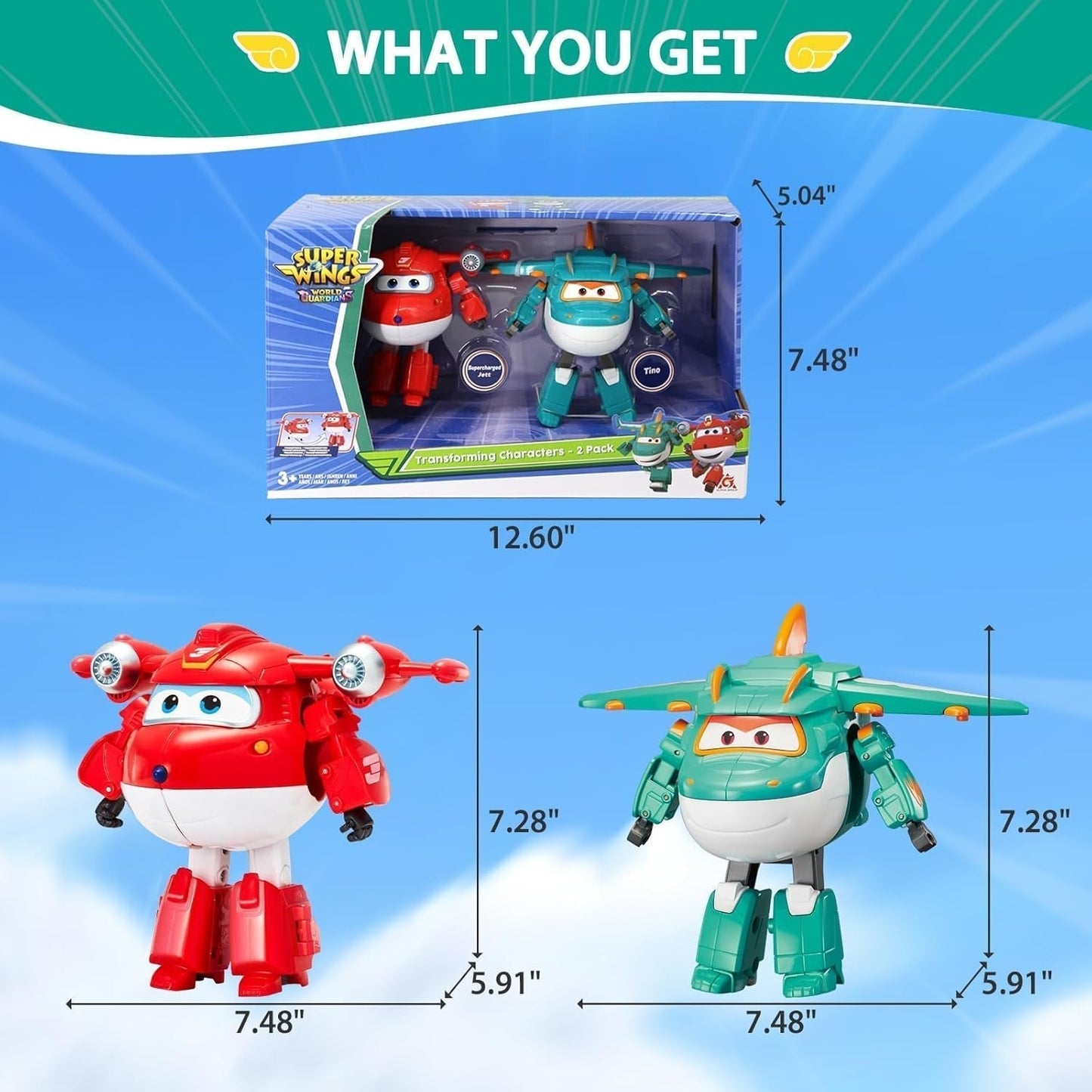Super Wings 5" Transformujące postacie Zestaw 2 sztuk Transformujący doładowany Jett + Tino Transformator Zabawka dla chłopców i dziewcząt w wieku od 3 lat Czerwone figurki Naty Shop