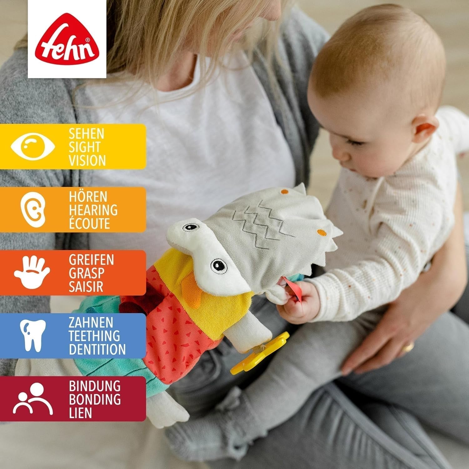 Fehn Pacynka Krokodyl - Pluszowa zabawka z grzechotką, szeleszczącym papierem, gryzakiem i piszczącą - Pacynka dla niemowląt - Pękająca zabawka dla niemowląt i małych dzieci w wieku powyżej 6 miesięcy Zabawki dla niemowląt Naty Shop