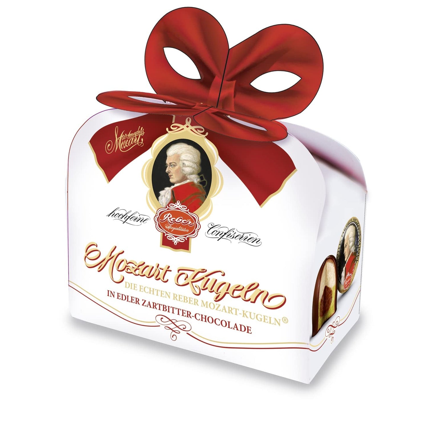 Rebel, Duet Mozart Kugeln, opakowanie 2 szt., kulki Mozarta z ciemnej czekolady nadziewane pistacjami i marcepanem, migdałami i nugatem z orzechów laskowych, 40g (2 kulki Mozarta)