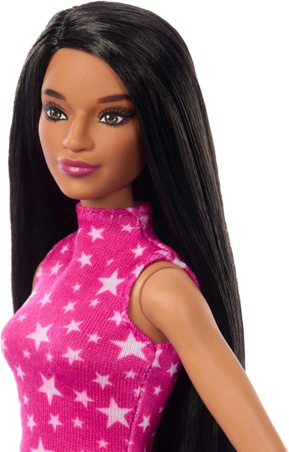 Lalka Barbie Fashionistas nr. 215 z prostymi czarnymi włosami, różową bluzką w gwiazdki i opalizującą spódnicą, kolekcjonerska lalka modowa z okazji 65. rocznicy, HRH13
