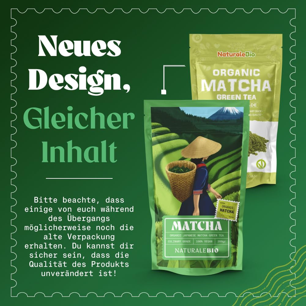 Naturalebio BIO Herbata zielona w proszku 100 g. Do gotowania i pieczenia. Oryginalna japońska matcha. Zielona herbata z Japonii, wegańska, bezglutenowa i bez GMO. Naturalny produkt organiczny.
