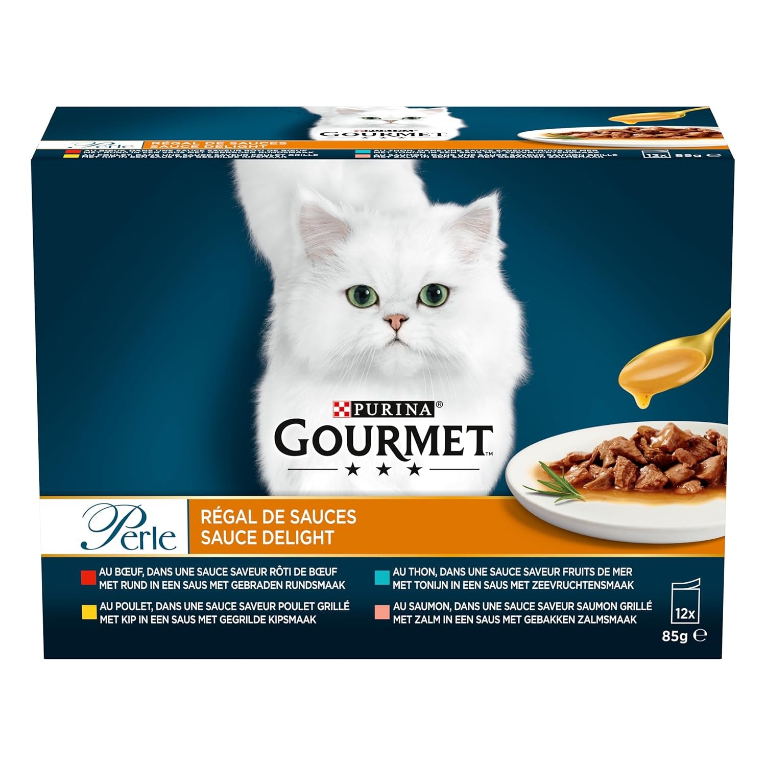 Perła | Uchwyt na sos | Dorosły kot | Wołowina, Kurczak, Tuńczyk, Łosoś | 12x85g | Saszetki świeżości (opakowanie może się różnić)
