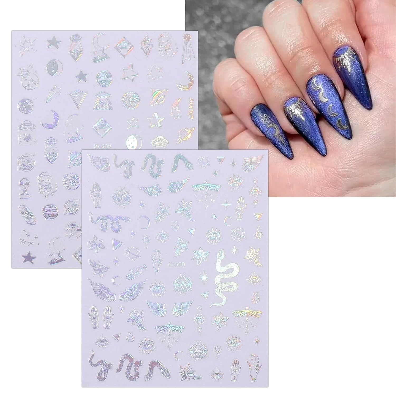 JMEOWIO Nagelsticker Mond Stern Schlange 10 Blatt Nail Art Naklejka Selbstklebend Nagelaufkleber Aurora Dekoration Nageldesign Zubehör