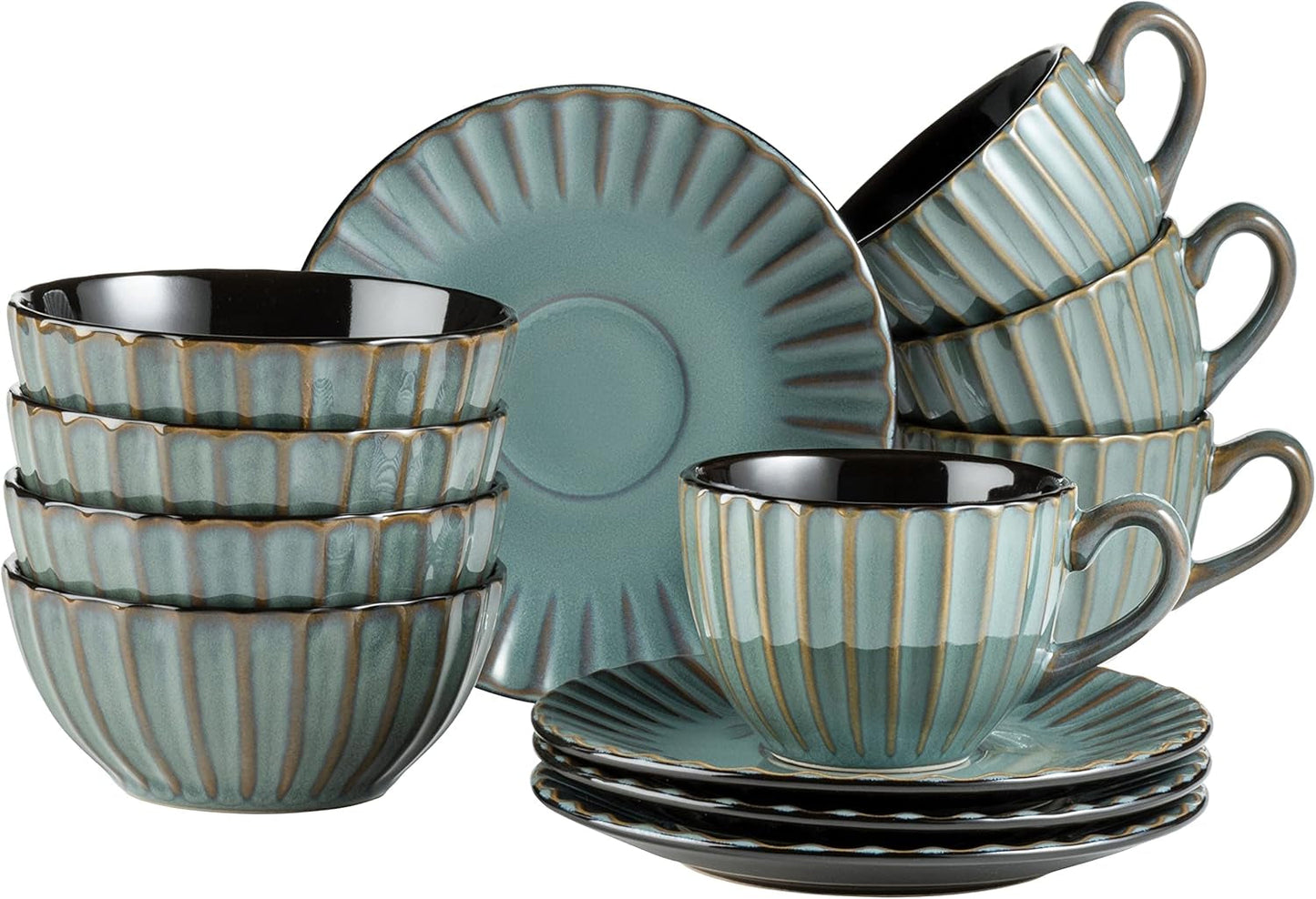 MĘSER 931966 Zestaw naczyń obiadowych z serii Confino dla 4 osób, nowoczesny wygląd vintage, ceramiczny zestaw śniadaniowy, 12 szt., kolor benzyny z czarnymi akcentami, kamionka
