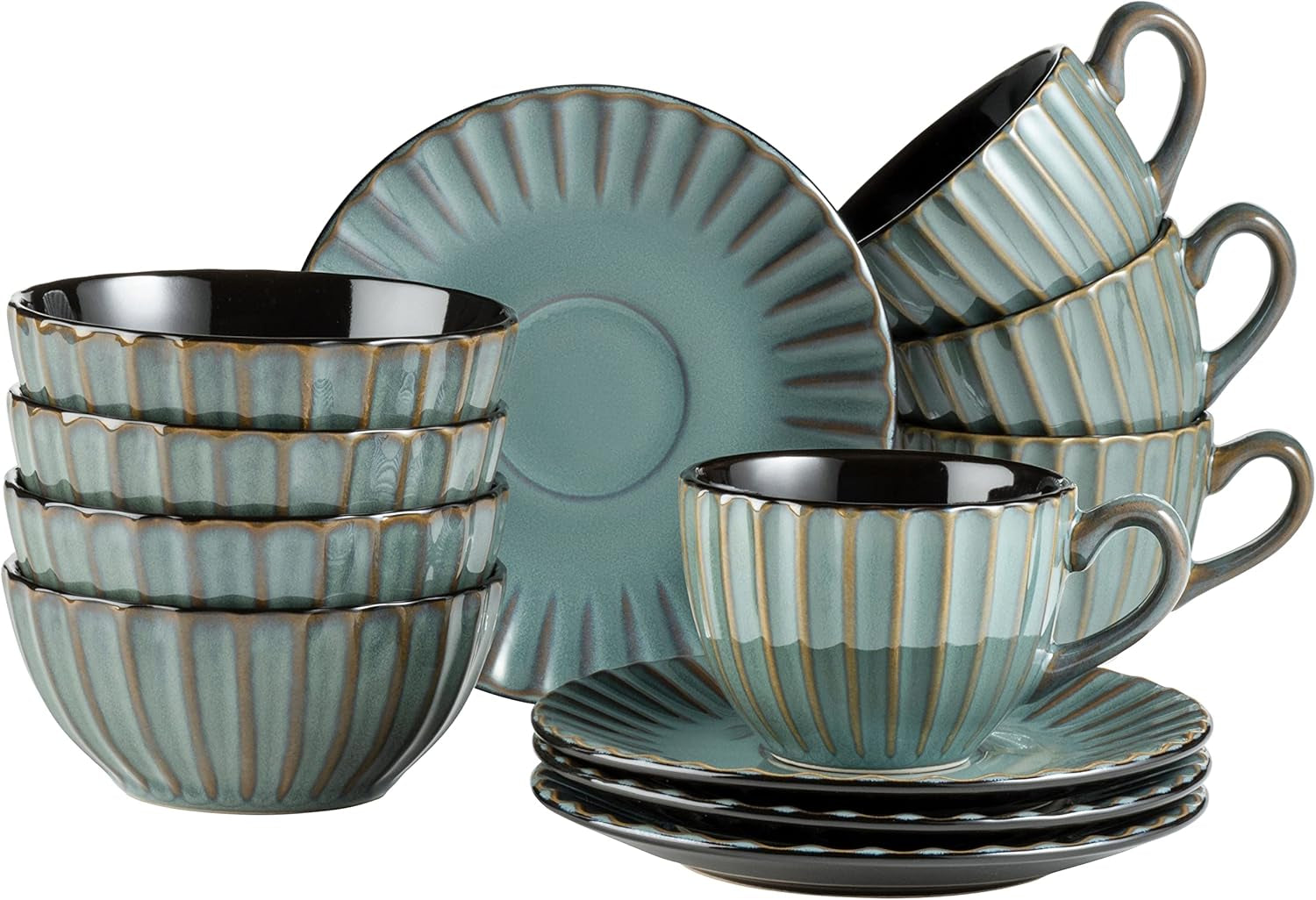 MĘSER 931966 Zestaw naczyń obiadowych z serii Confino dla 4 osób, nowoczesny wygląd vintage, ceramiczny zestaw śniadaniowy, 12 szt., kolor benzyny z czarnymi akcentami, kamionka