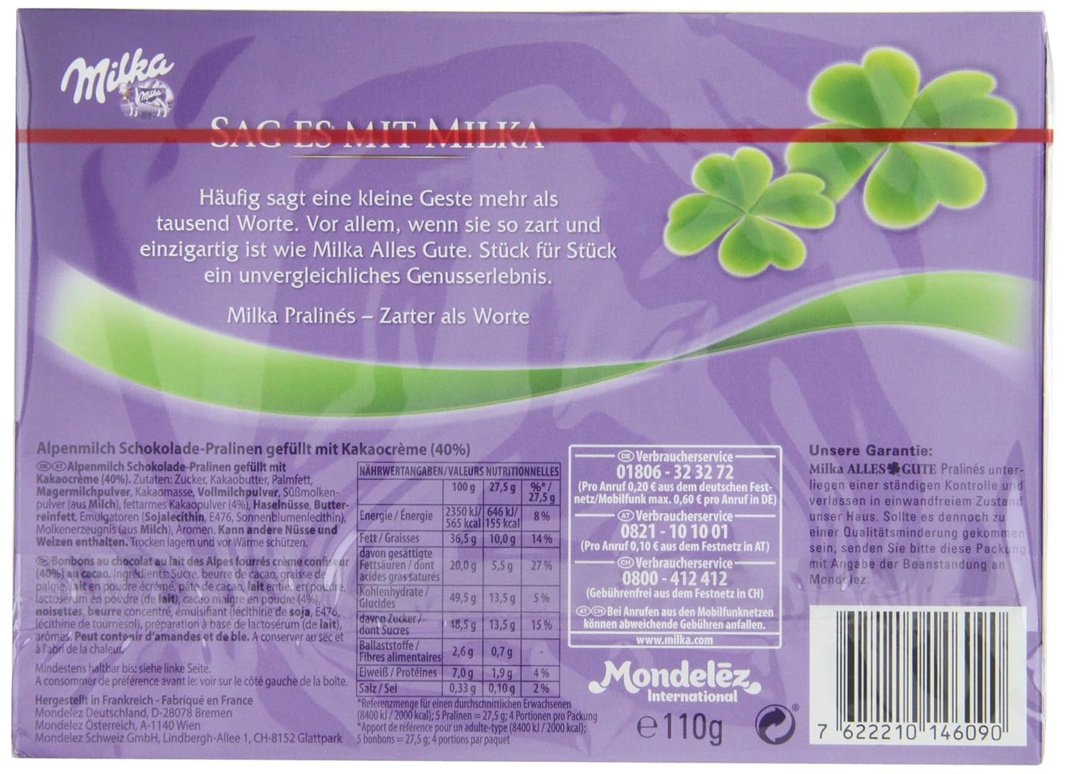 Milka All the Best Pralines 10 x 110g, Praliny z mlecznej czekolady alpejskiej z nadzieniem z kremu kakaowego (opakowanie 2 szt.)