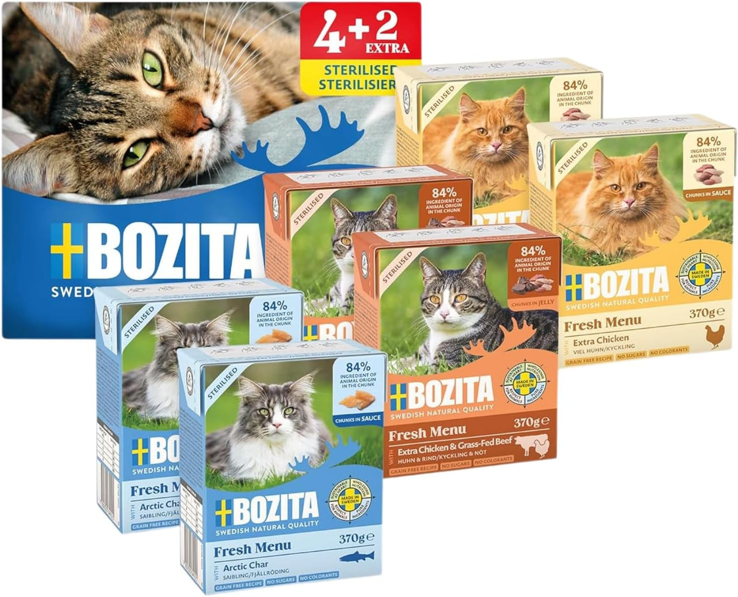 Pakiet próbny Bozita Tetra w sosie z dużą ilością kurczaka, węgla drzewnego oraz dużą ilością kurczaka i wołowiny w galarecie - 4+2-6x370g Bezzbożowa i bezcukrowa karma dla kotów sterylizowanych o zawartości białka 7,5% i tłuszczu 5%