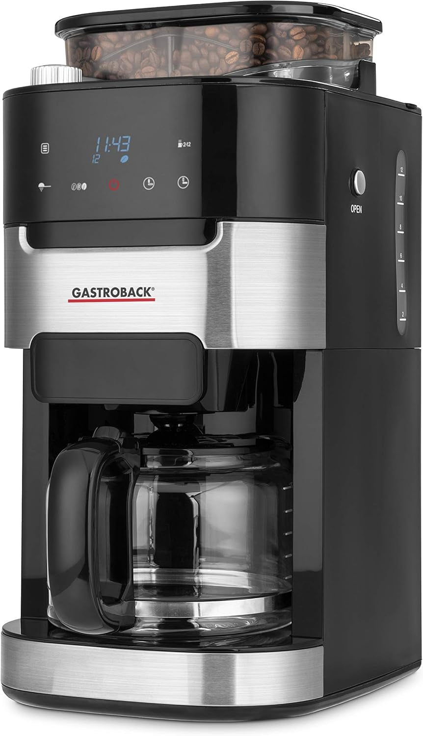 GASTROBACK 42711 Grind & Brew Pro ekspres do kawy, ekspres do kawy ze zintegrowanym filtrem i młynkiem, młynek stożkowy z 8 ustawieniami mielenia, ekran dotykowy LCD, plastik