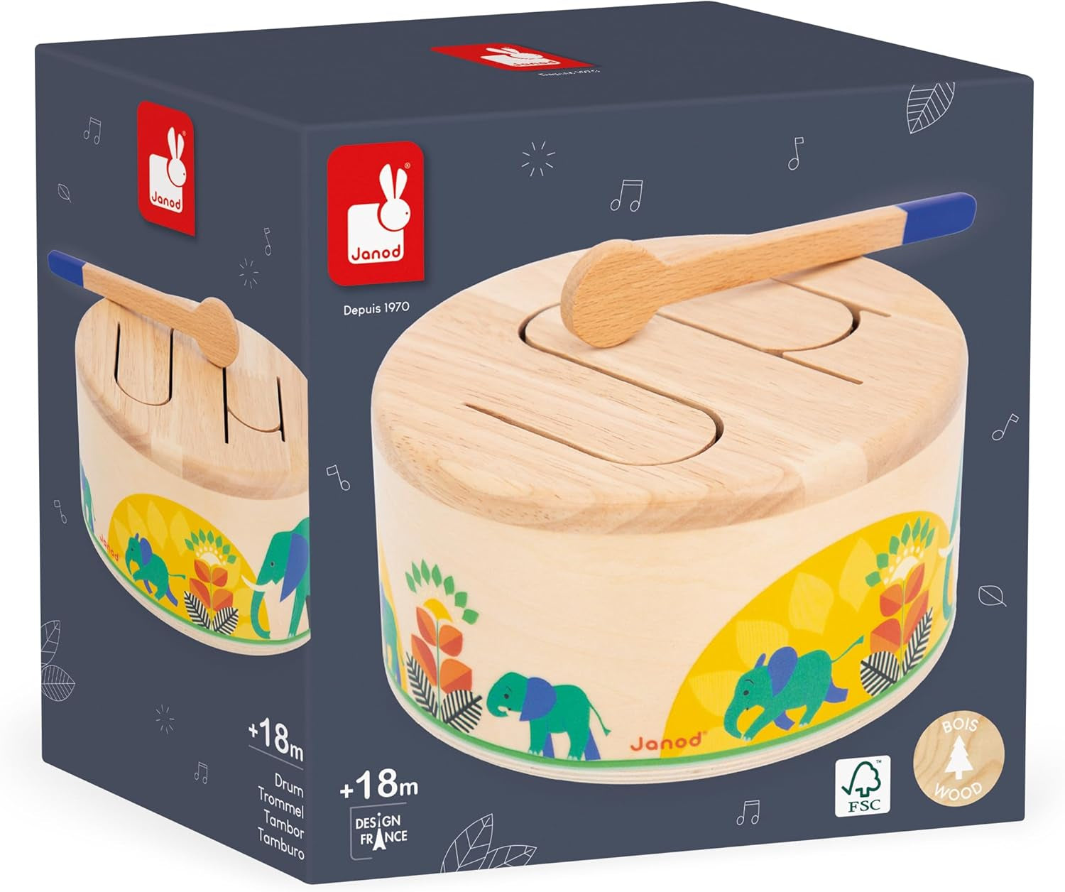 Janod - Gioia Drum - Drewniany bęben FSC + bęben - Odgrywanie ról i wczesna edukacja muzyczna - Akwarela - Od 18 miesiąca, J07650 Bebe Toys Naty Shop