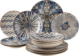 MĘSER 934017 Iberico Blue 4-osobowy zestaw obiadowy, 12-częściowy, w stylu mauretańskim, różne wzory vintage w kolorze białym i niebieskim, ceramika
