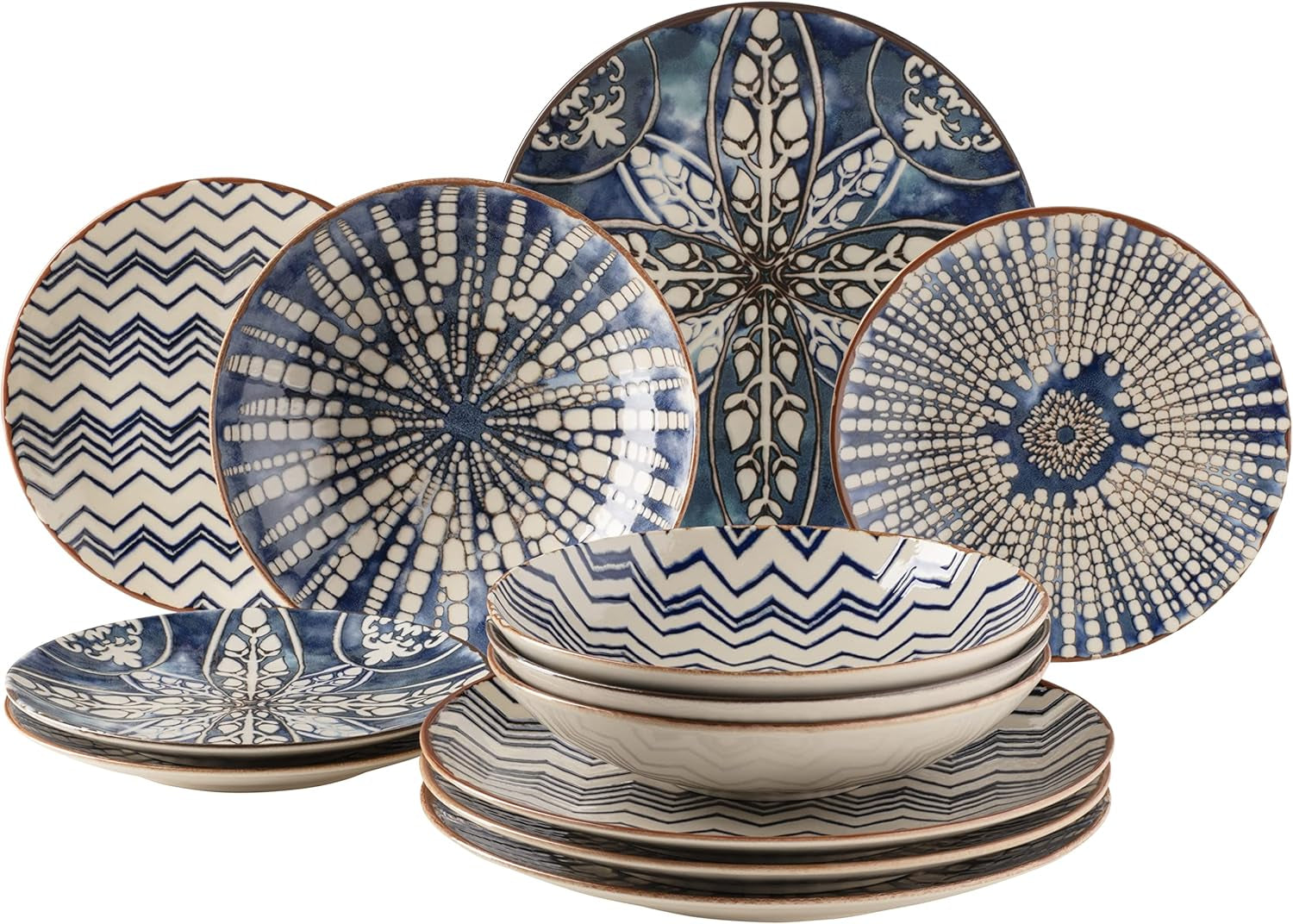MĘSER 934017 Iberico Blue 4-osobowy zestaw obiadowy, 12-częściowy, w stylu mauretańskim, różne wzory vintage w kolorze białym i niebieskim, ceramika