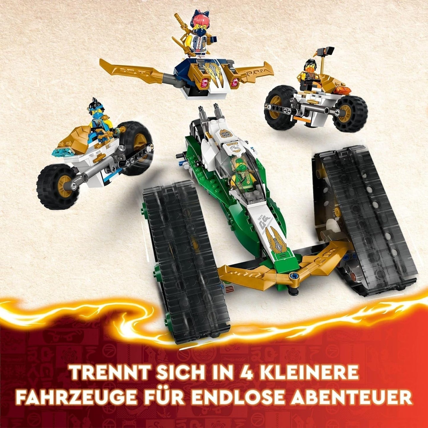 LEGO NINJAGO Ninja Team Combi Caterpillar Zestaw 4 w 1 z szybowcem, samochodem wyścigowym i 2 motocyklami oraz 6 minifigurkami Prezent dla chłopców i dziewcząt Zabawka Ninja 71820 Zestawy do budowania Besuche den LEGO-Store