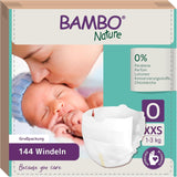 Pieluchy Bambo Nature dla niemowląt, rozmiar 0 (1-3 kg), 144 szt., opakowanie miesięczne | Pieluszki Premium ze zwiększoną ochroną przed wyciekami | Najwyższy komfort i swoboda dla noworodków | Pieluchy testowane dermatologicznie
