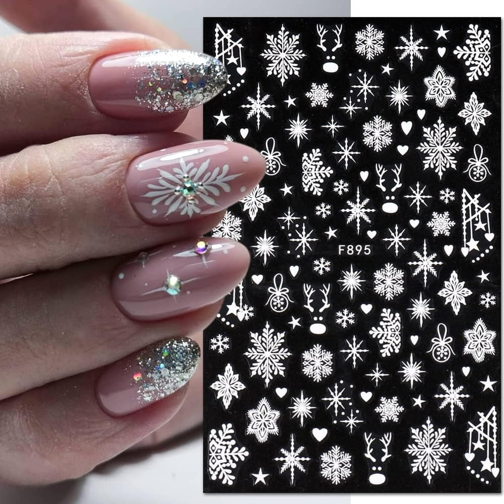 JMEOWIO Nagelsticker Weihnachten 8 Blatt Nagelaufkleber Selbstklebend Weiße Schneeflocken Zimowe naklejki do paznokci Dekoration Nageldesign Zubehör