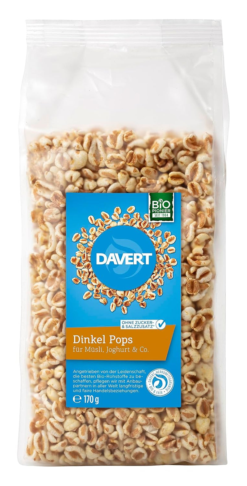 Davert Dinkel Pops 170 G – Aromatische Aufgepuffte Dinkelkörner, Luftig Leicht Und Fein Röstig Im Geschmack – 100% Davert Bio-Qualität (1 X 170 G) Cereale Naty Tytuł domyślny sklepu