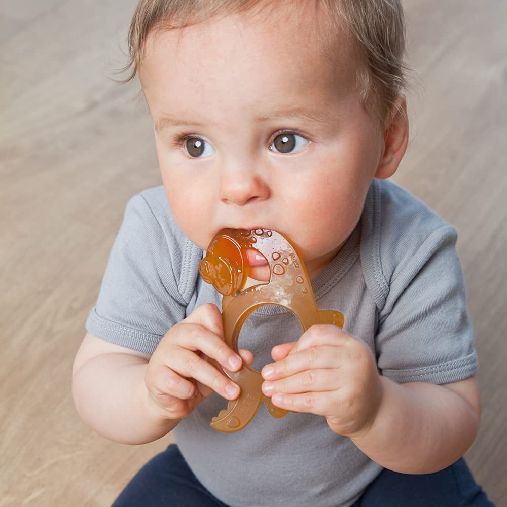 GRÜNSPECHT Organiczny gryzak do gryzienia Kauczuk naturalny dla ząbkujących dzieci, masuje dziąsła, nie zawiera BPA, miękki, wspomaga motorykę małą, wzór dinozaura (639-V1)