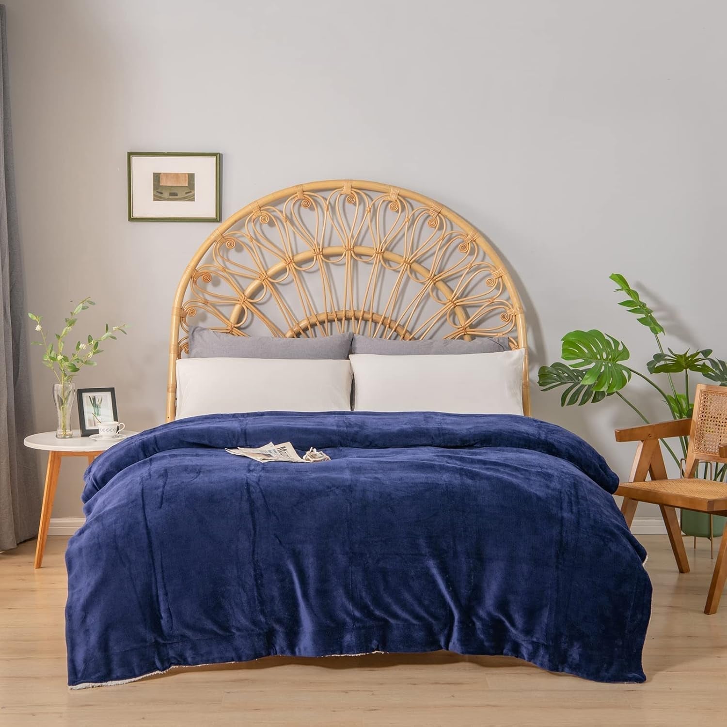Koc polarowy Kono Sherpa, 150 x 200 cm, miękki, przytulny, puszysty, dwustronny, mikrofibra, stałe koce na łóżko, kanapę, kanapę (granatowy, podwójny/podwójny) Łóżka i koce Besuche den KONO-Store