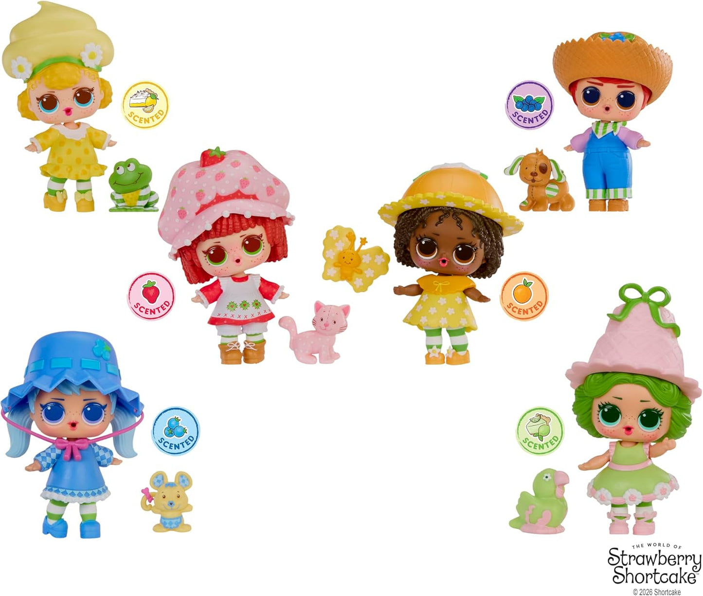 LOL niespodzianka! Loves Strawberry Shortcake Tots - Kolekcjonerskie pachnące lalki z 7 niespodziankami, zwierzakiem, modą, butami, kapeluszem, zestawem do zabawy z truskawkowym ciastkiem Cabrio, wiek 4+
