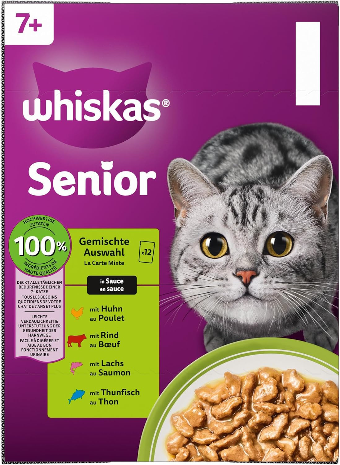 Whiskas Senior 7+ Mokra karma mieszana w sosie, 48 saszetek, 12x85g (4 sztuki w opakowaniu) - Wysokiej jakości mokra karma dla kotów w wieku 7 lat i starszych