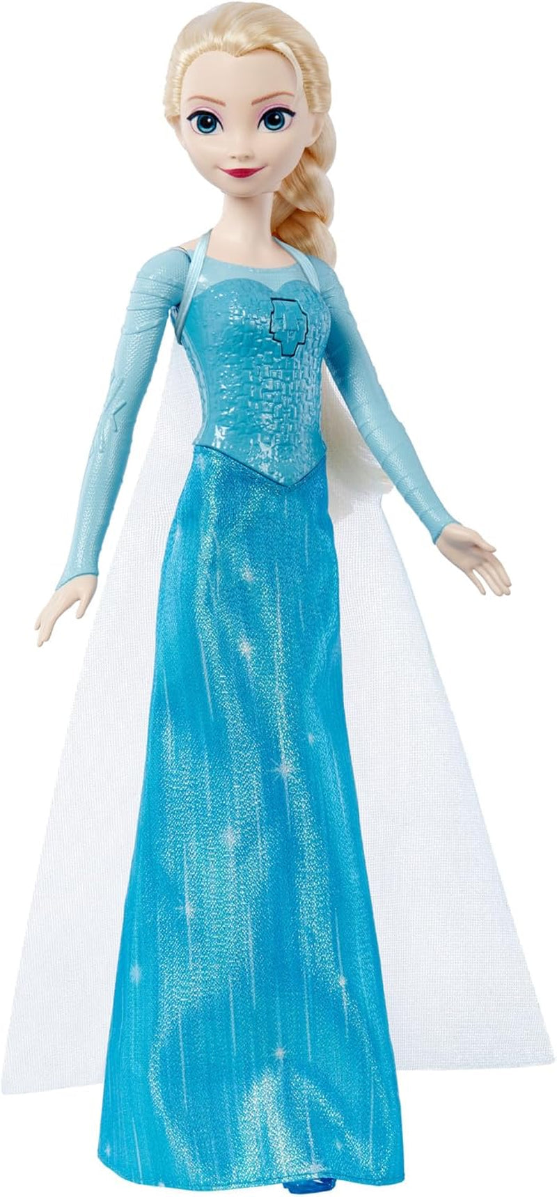 Mattel Toys Disney Frozen Elsa śpiewająca lalka w kultowym stroju, śpiewa „Let It Go” z filmu Disneya w języku angielskim, francuskim, niemieckim, włoskim, JDL58