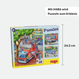 Puzzle straży pożarnej HABA - 3-częściowy zestaw dla dzieci w wieku od 3 lat. Puzzle kartonowe dla policji i pogotowia - wspierają motorykę małą i koncentrację - 1302759001 Puzzle Naty Shop