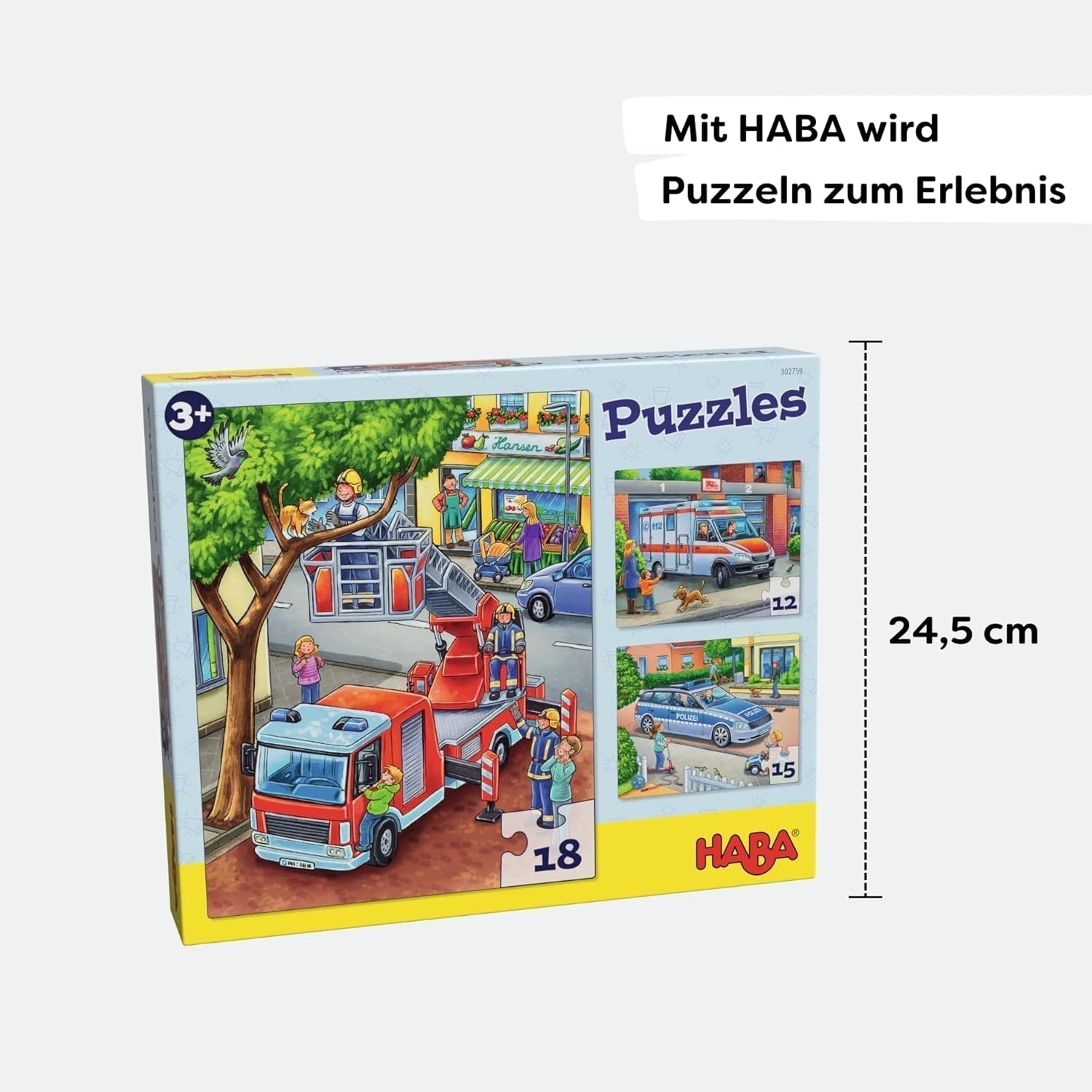 Puzzle straży pożarnej HABA - 3-częściowy zestaw dla dzieci w wieku od 3 lat. Puzzle kartonowe dla policji i pogotowia - wspierają motorykę małą i koncentrację - 1302759001 Puzzle Naty Shop
