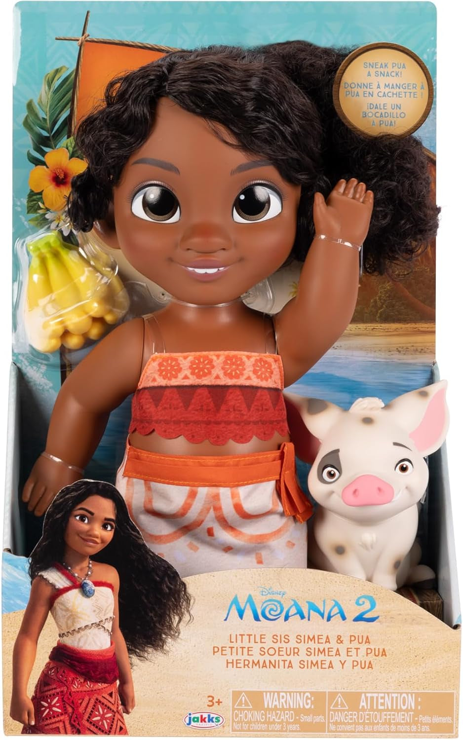 Jakks Pacific Moana 2 Zestaw lalek i figurek Pua z małą siostrą Simeą o wysokości 27 cm, zawiera 1 strój lalki, 1 Pua, 1 plastikową kiść bananów, zalecane dla dzieci w wieku od 3 lat
