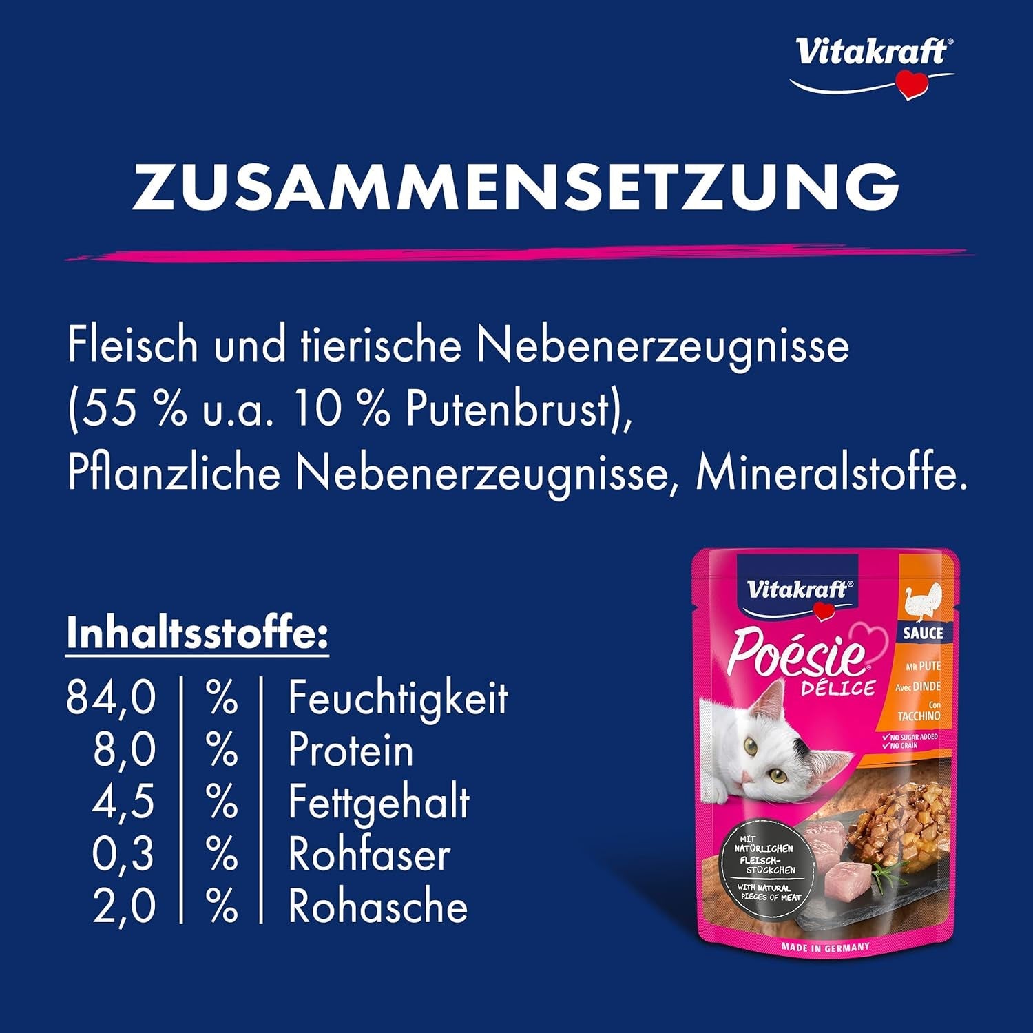 Vitakraft Poésie Délice, mokra karma dla kota, karma dla kota w sosie, z indykiem, opakowanie zbiorcze, bez dodatku cukru i zbóż (23 x 85g)