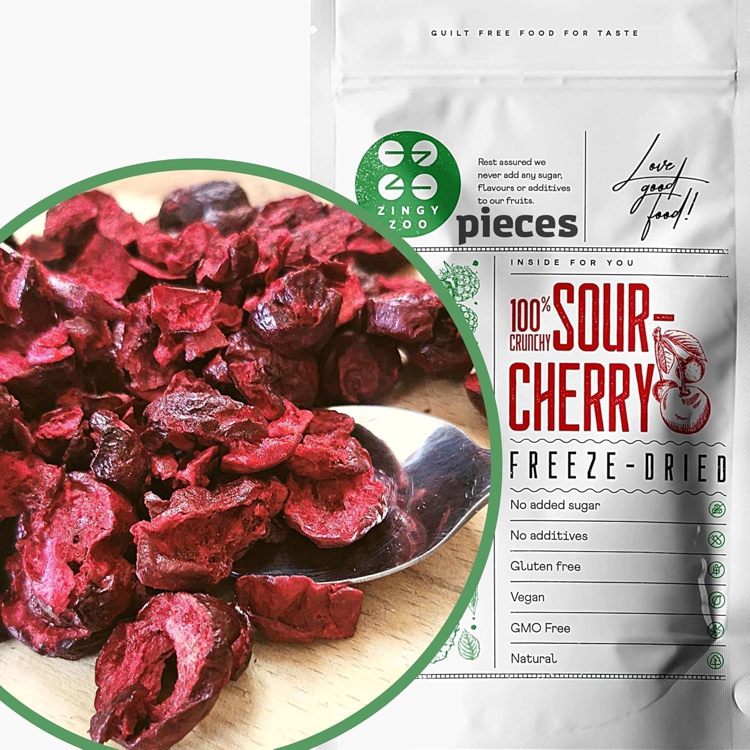 Liofilizowane gorzkie wiśnie | 100% naturalne kawałki owoców liofilizowanych Owoce suszone | Suszone gorzkie wiśnie | Liofilizowane gorzkie wiśnie | ZingyZoo Naty Sklep produkty suszone 100G