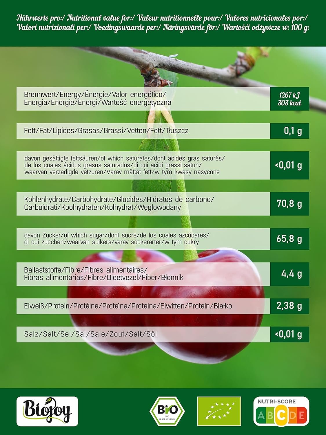 Biojoy suszone czereśnie (500 g), bez pestek i bez siarki Produkty suszone Naty Shop