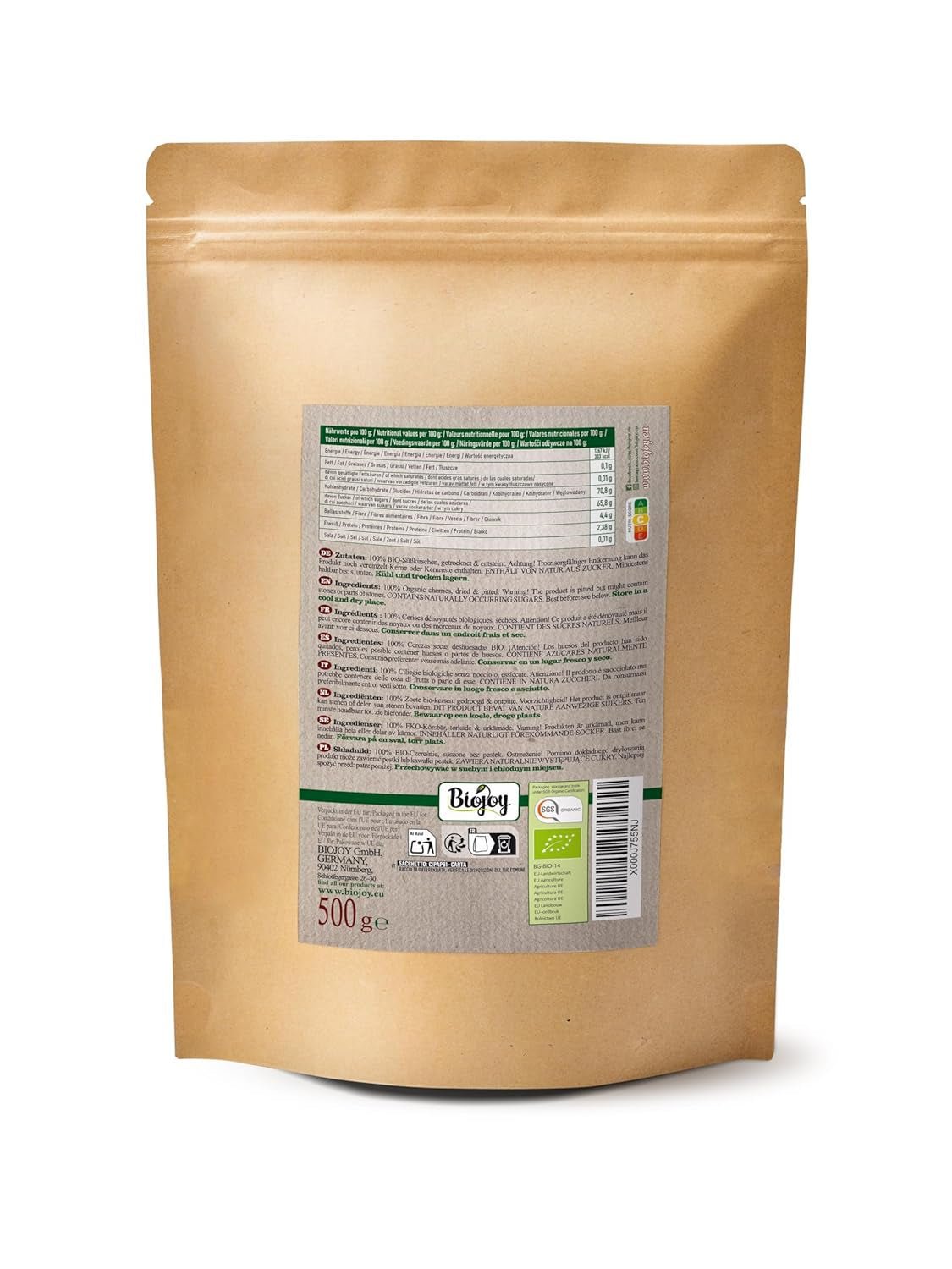 Biojoy suszone czereśnie (500 g), bez pestek i bez siarki Produkty suszone Naty Shop