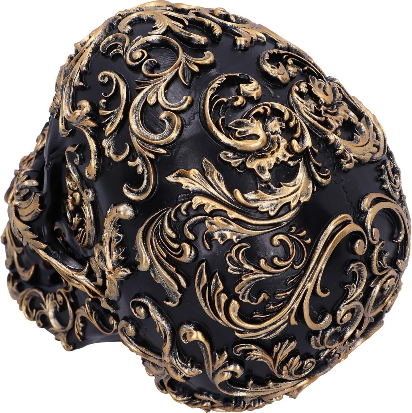 Renesansowa czaszka, 19 cm, żywica, czarno-złota, złoty wzór barokowy, czarna ozdoba czaszki, dekoracja gotycka, odlana z najwyższej jakości żywicy syntetycznej, ręcznie malowane przez ekspertów statuetki i rzeźby Naty Shop