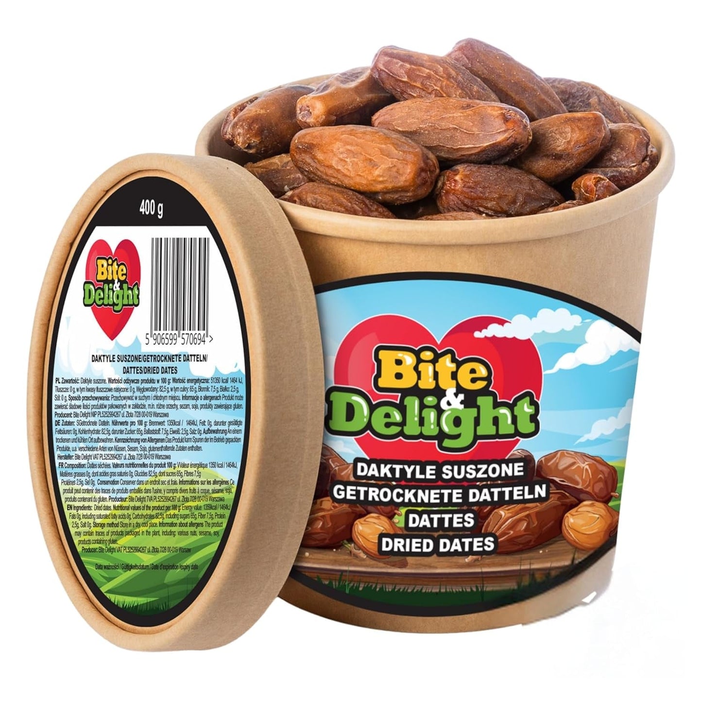 Bite & Delight suszone daktyle - Całe, suszone i naturalne - Aromatyczne słodycze - Pyszne i soczyste - Gotowa przekąska owocowa - Wegańska - Bez dodatku cukru - 1250g Naty Shop Produkty suszone 750 Ml