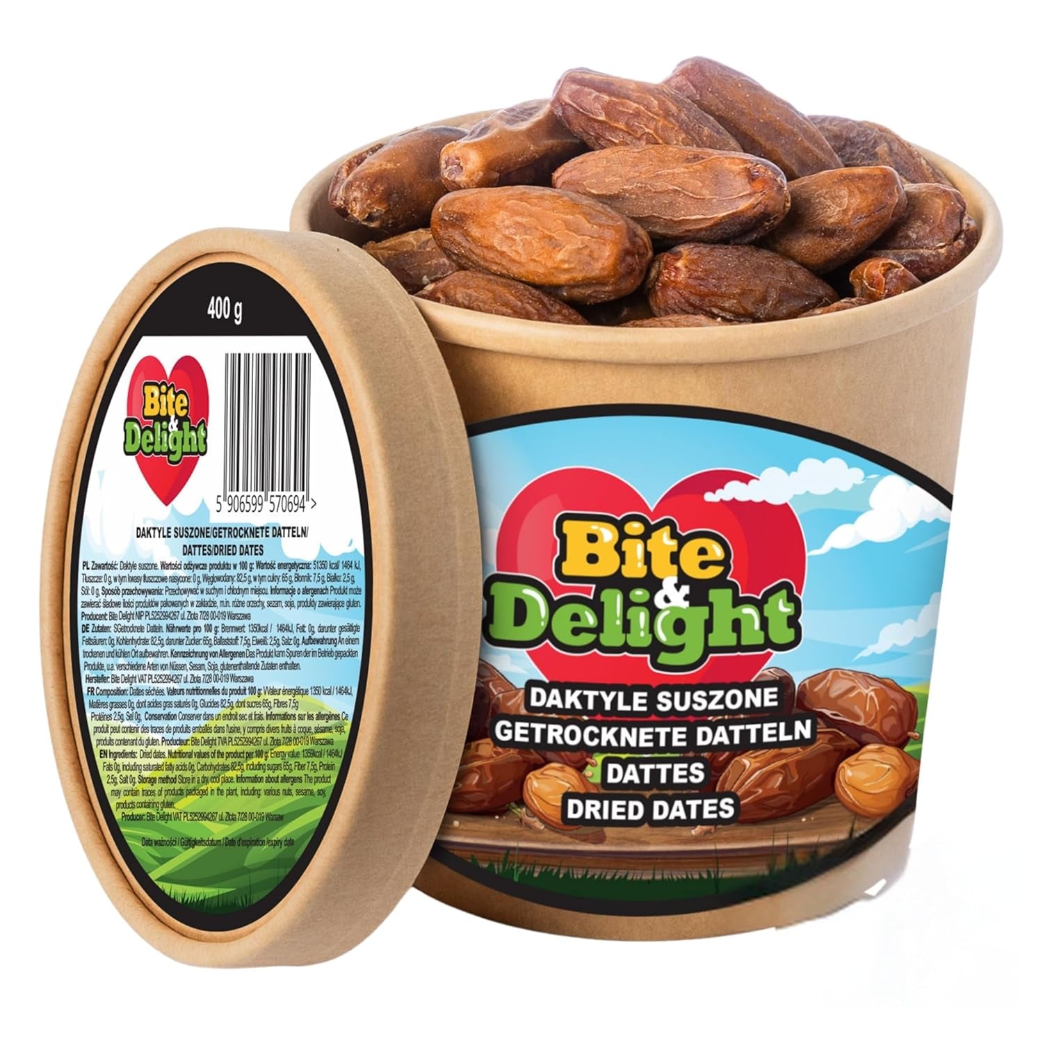 Bite & Delight suszone daktyle - Całe, suszone i naturalne - Aromatyczne słodycze - Pyszne i soczyste - Gotowa przekąska owocowa - Wegańska - Bez dodatku cukru - 1250g Naty Shop Produkty suszone 750 Ml