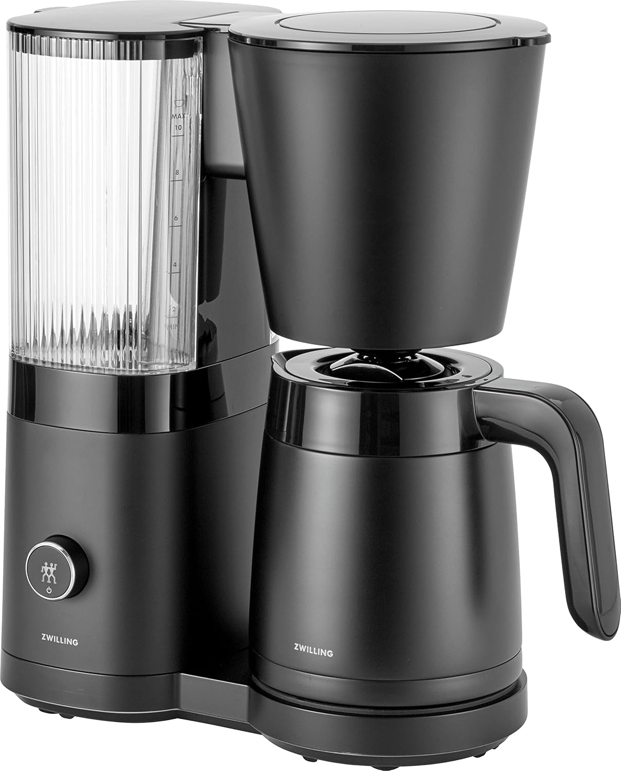 ZWILLING ENFINIGY Filtrowy ekspres do kawy ze szklaną karafką 1,5 l, ekspres do kawy z bojlerem ze stali nierdzewnej, funkcją Blooming i inteligentnym odkamienianiem, tworzywo sztuczne, srebrny