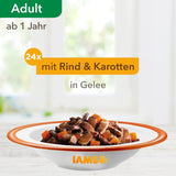 IAMS Delights Mokra karma dla kotów z soczystą wołowiną i marchewką w galarecie - Kompletna karma mokra dla dorosłych kotów, 24 saszetki x 85g