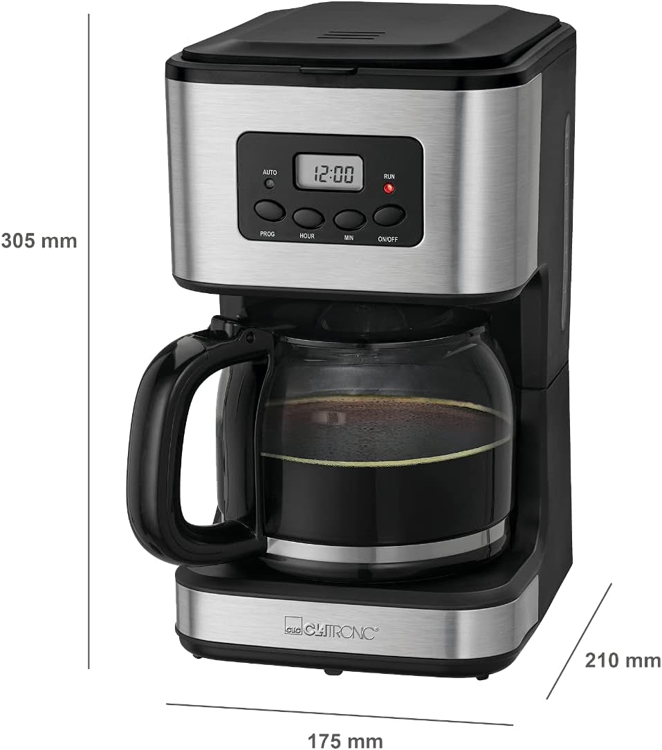 Ekspres do kawy Clatronic® z timerem, karafka 1,5 litra na 12-14 filiżanek kawy, 24-godzinny timer LCD, funkcja utrzymywania ciepła, zabezpieczenie przed kapaniem, wyjmowany filtr, wyświetlacz i lampki kontrolne, 900W - KA 3642