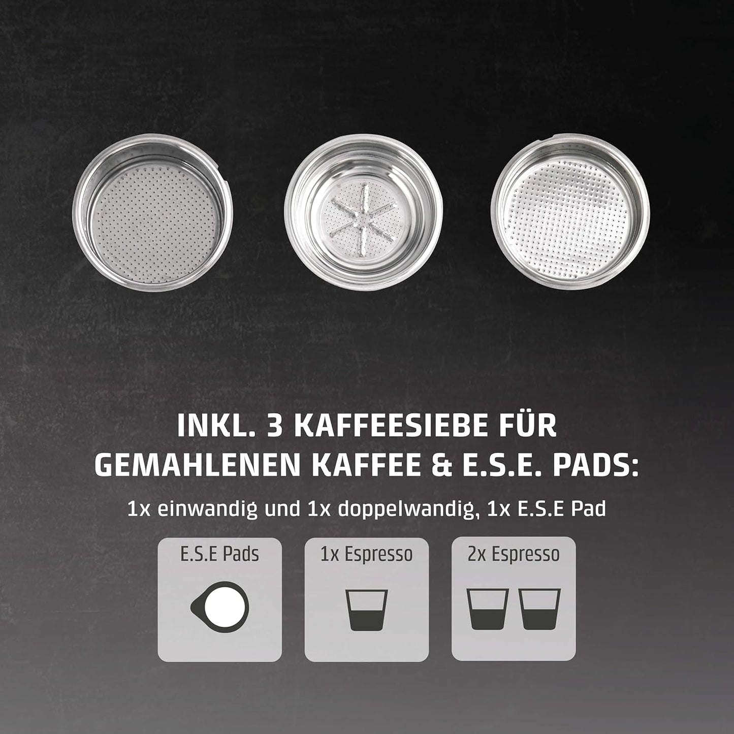 Caso Espresso Gourmet - Ekspres do kawy z kolbą ze stali nierdzewnej, wydajna pompa Ulka 19 Bar, ze spieniaczem do mleka, do kawy mielonej lub kapsułek z kawą ESE, na 2 filiżanki, z podgrzewaczem do filiżanek
